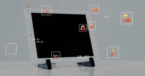 White tablet presenting augmented reality analytics overlays with futuristic data icons