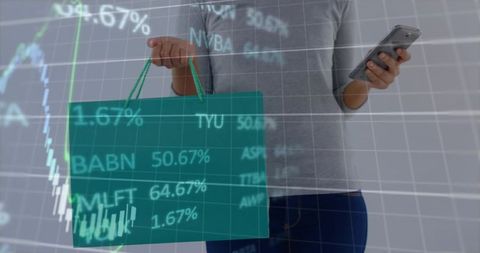 Female holding shopping bag and checking phone with stock market data overlay