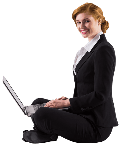 Transparent businesswoman with red hair using laptop sitting on floor