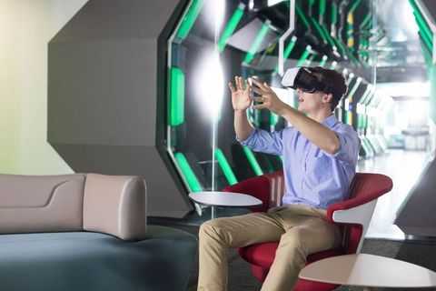 Modern Tech Lounge with Futuristic VR Headset Setup