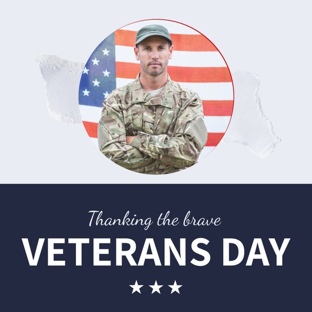 Veterans Day Tribute with Caucasian Male Soldier and USA Flag - Download Free Stock Templates Pikwizard.com