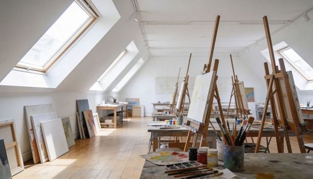 Sunlight bathing loft art studio with easels, canvases, paint palettes and brushes