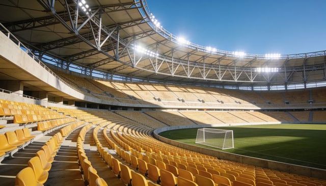 Empty modern soccer stadium with curved yellow seats and bright floodlights