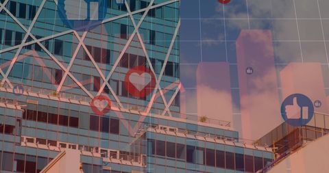 Social Media Icons Overlay on Cityscape Representing Global Connectivity