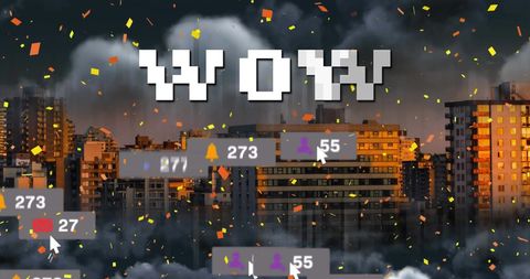 Wow Pop-Up with Social Media Interface Elements Over Modern Cityscape - Download Free Stock Images Pikwizard.com