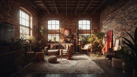 Inviting mid-century living area in warm industrial loft with patterned rug and lush plants