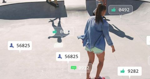 Young woman skateboarding in skatepark with social media likes and follower overlay icons