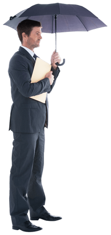 Transparent businessman holding files under umbrella