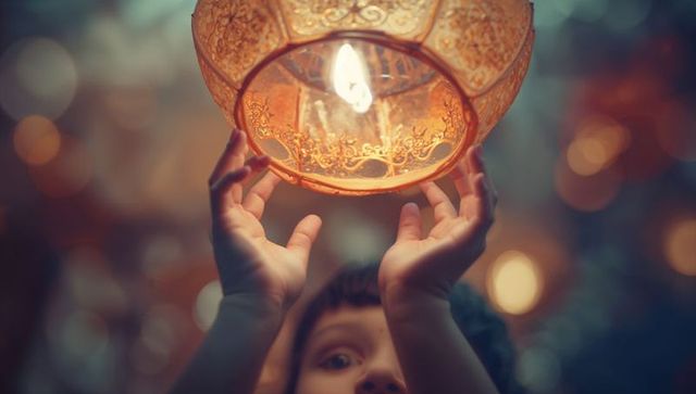 Girl Lifting Ornate Lantern During Nighttime Festival