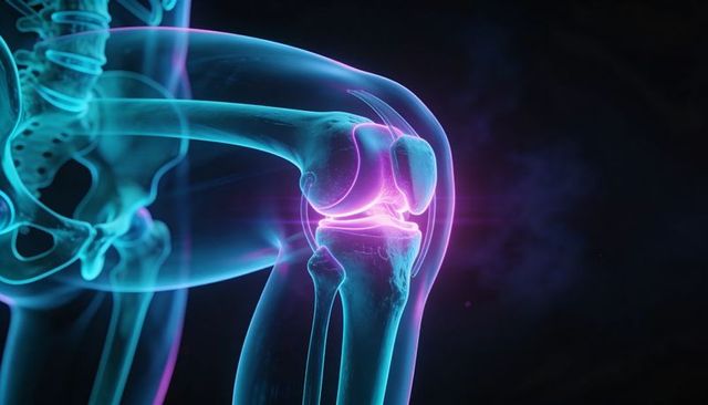 Knee Joint Highlighting Neon Magenta Glow Showing Femur Tibia Patella and Cartilage 3D