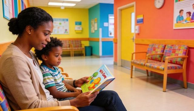 Parent reading colorful picture book with child in cheerful pediatric waiting room