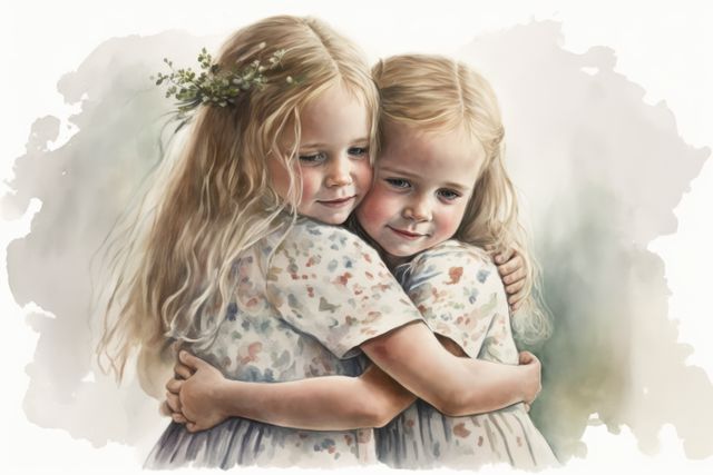 Watercolour portrait of two girls embracing, created using generative ai technology - Download Free Stock Photos Pikwizard.com