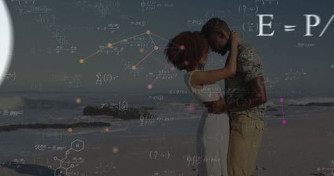 Romantic Couple Embracing on Beach with Math and Molecular Overlays