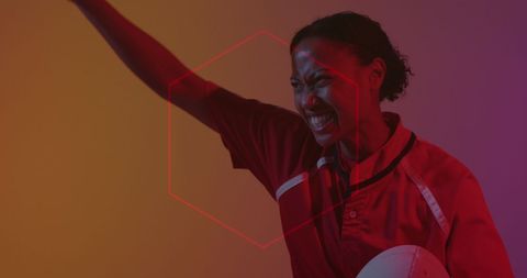 Dynamic neon-infused female rugby player celebration