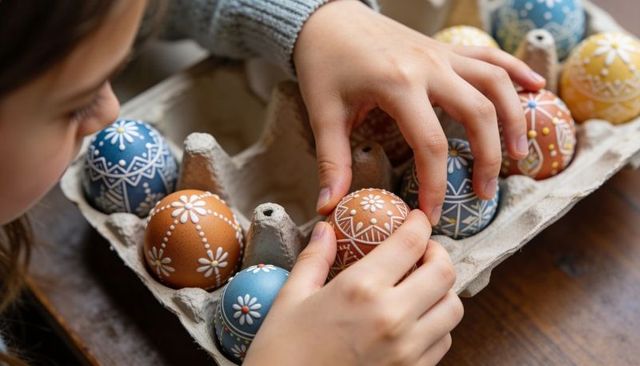 Child placing and arranging hand-painted decorative eggs in carton for easter craft