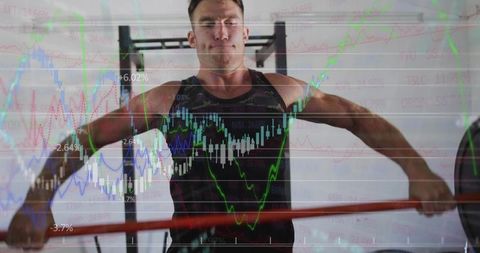 Lifting Barbell with Stock Market Chart Overlay, Muscular Athlete Showing Strength