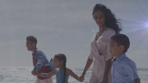 Joyful Family Stroll on a Sunny Beach Day