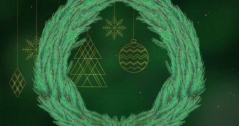 Festive Christmas Wreath with Gold Hanging Ornaments on Green Background