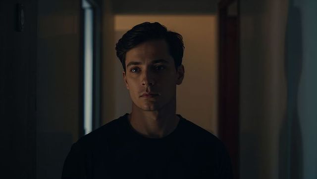 Young man standing in moody hallway with warm doorway glow and cinematic low-key lighting