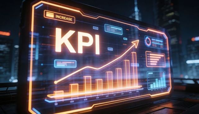 Futuristic KPI Dashboard Showing Rising Analytics and Growth Arrow in Cyberpunk Neon