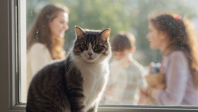 Curious tabby-and-white cat on windowsill with blurred family outside behind smudged glass