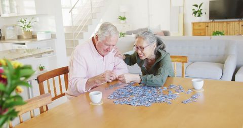 Happy Senior Couple Assembling Puzzle in Living Room