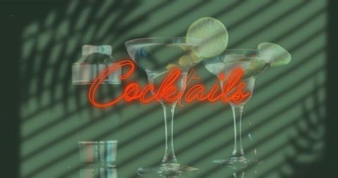 Neon Cocktail Text over Martini Glasses with Shadows