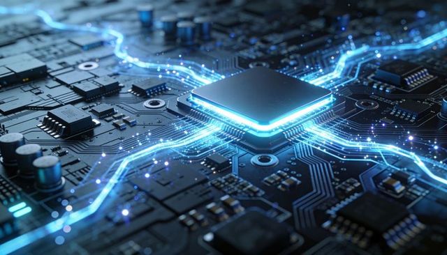 Glowing Neural Microprocessor on Circuitboard with Neon Data Traces and Futuristic Glow