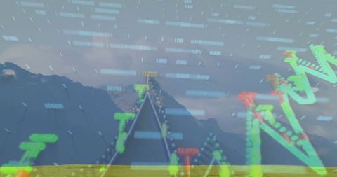 Railway track with data visualization in mountainous landscape