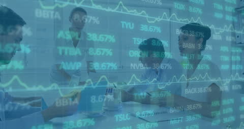 Business Team Analyzing Financial Data Overlay in Office