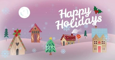 Happy holidays pastel village holiday greeting with whimsical moonlight cottages