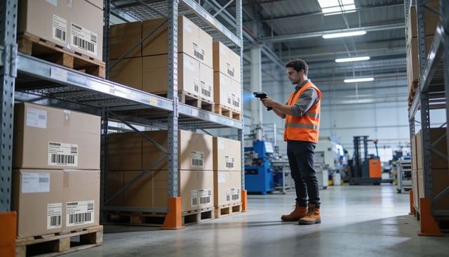 Warehouse worker scanning pallets with handheld barcode scanner in distribution center