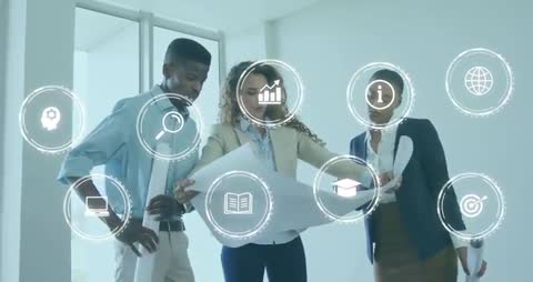 Team Analyzing Blueprint with Holographic Interface in Office