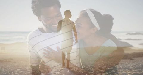 Sunlit double-exposure embracing couple smiling on beach with walking silhouette overlay