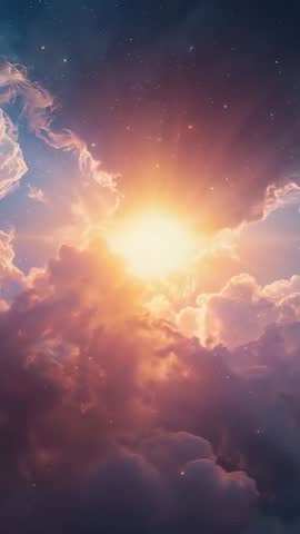 Emerging Sunburst Over Cloud Bank Vertical Video, Glowing Rays Casting Ethereal Twilight