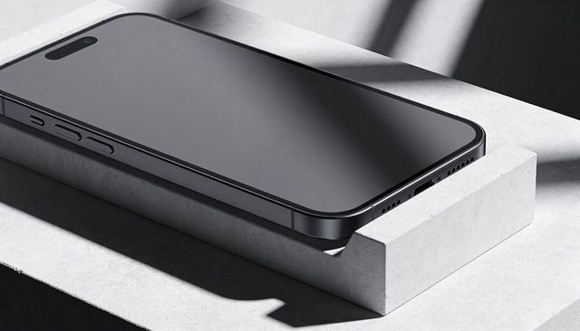 Minimalist black smartphone resting on concrete block showing pill cutout and slim side buttons