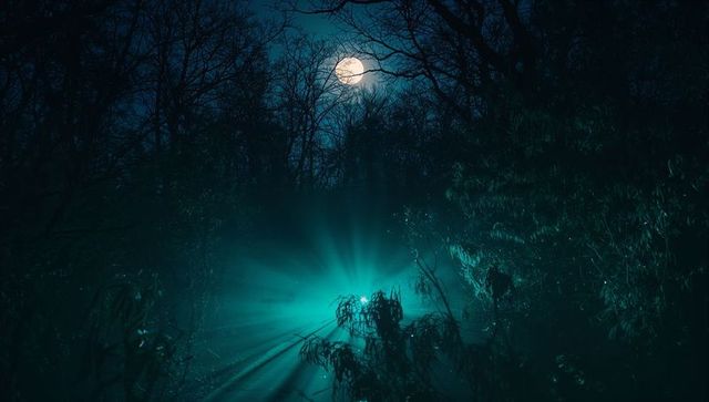 Mystical Full Moon Night with Enigmatic Teal Light
