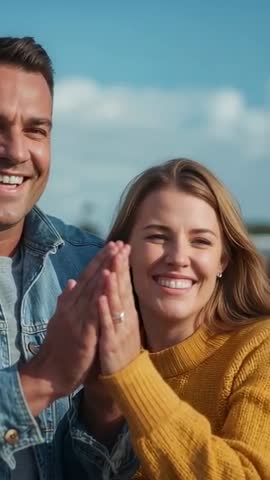 Couple clapping and smiling on waterfront pier celebrating together in daylight