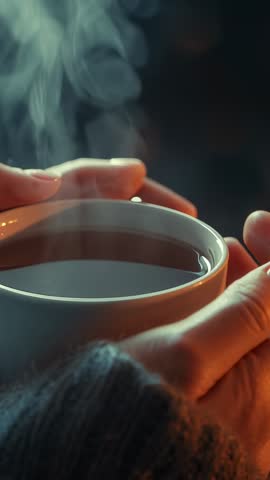 Close-Up Warming Hands on Mug in Dim Room, Steam Rising Cozy Vertical Video