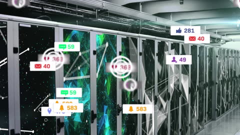 Social Media Icons Floating in Server Room with Technology Interface