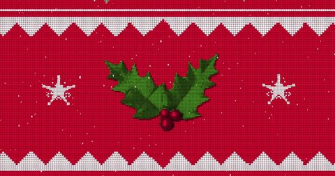 Festive holly and snowflakes on red knit background