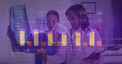 Female Doctors Analyzing Radiograph with Financial Chart Overlay