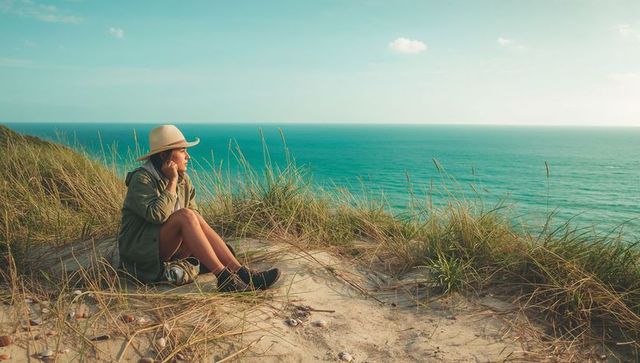 Solo traveler sitting on coastal dune gazing at turquoise ocean horizon in straw hat