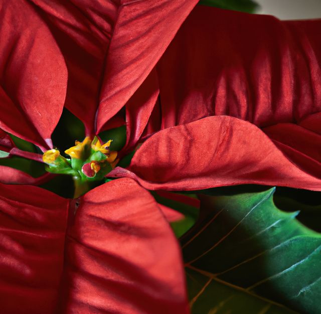 Bright red poinsettia flower with detailed focus on petals and green leaves. Commonly associated with Christmas and holiday decorations, this closeup can be used in festive greeting cards, holiday marketing materials, botanical studies, and nature-themed projects.