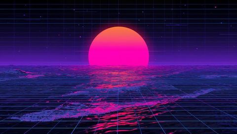Neon sun reflecting across grid ocean in synthwave retrofuturistic horizon