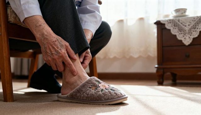 Senior man touching ankle while putting on grey quilted slipper in sunlit living room