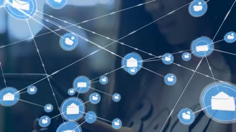 Woman Using Smartphone with Digital Network Interface Overlay