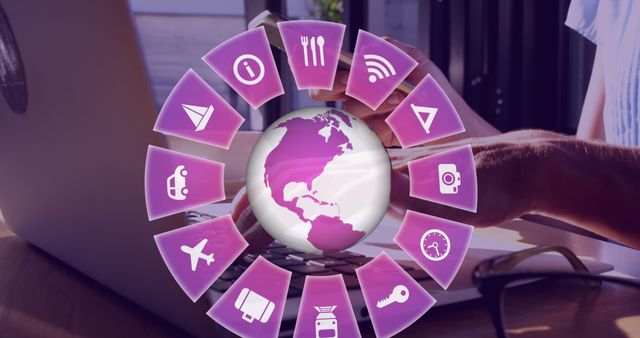Image of travel icons with globe and caucasian woman using smartphone. Global travel, technology, digital interface and data processing concept digitally generated image.