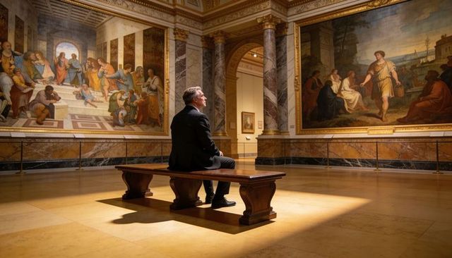 Senior in suit contemplating classical paintings sitting on bench in marble museum gallery