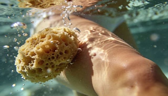 Underwater sponge pressing against sunlit limb with rising bubbles and dappled ripples